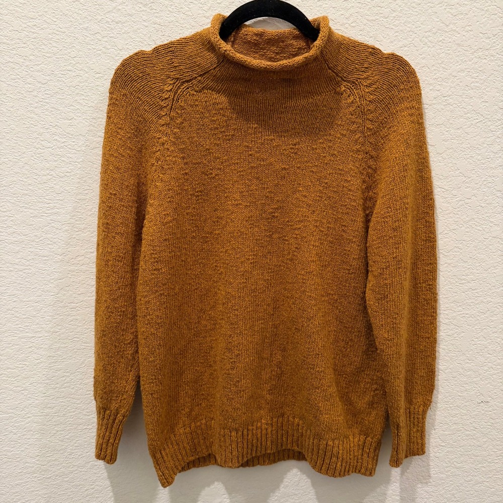 LL Bean Womens Mustard Orange Cotton Mock Neck Raglan Knit Sweater M 508319